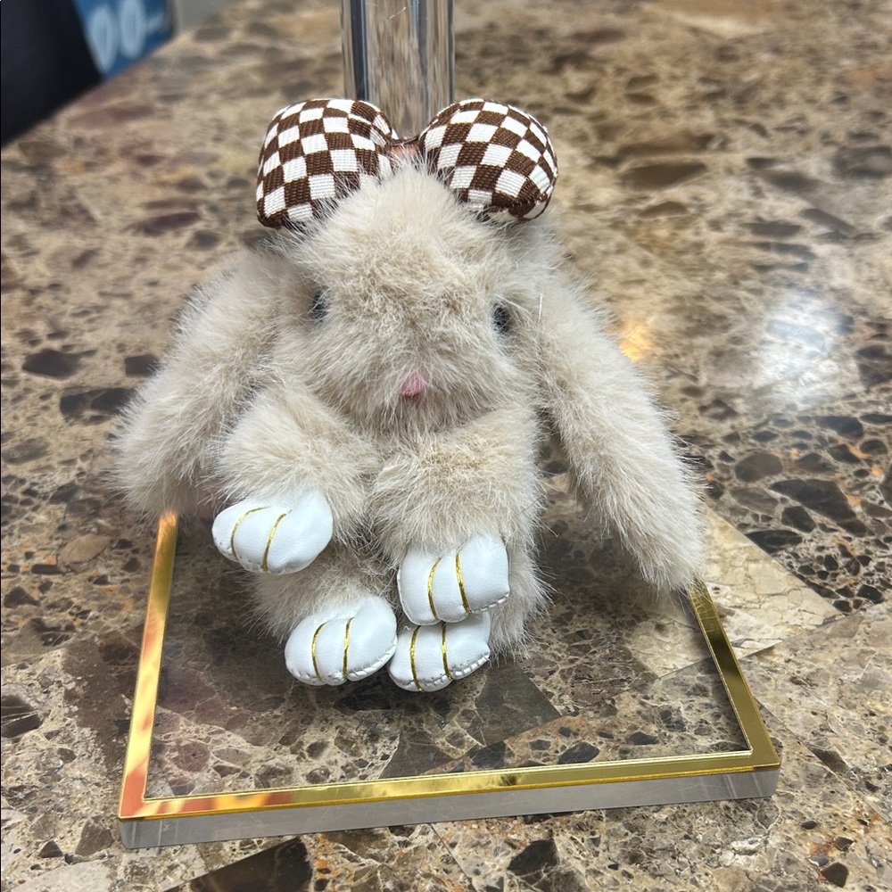 Cute Plush Bunny Keychain with Checkered Bow
